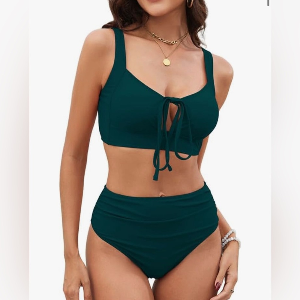 NWT Zaful Dark forest Green womens L Bikini Set high waisted supportive top cups - Picture 3 of 10